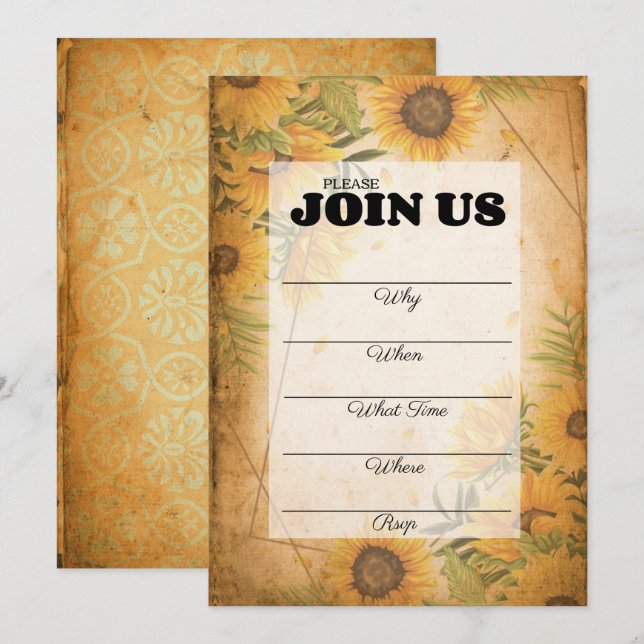 Invitación de fiesta de verano de girasoles vintag (Anverso / Reverso)
