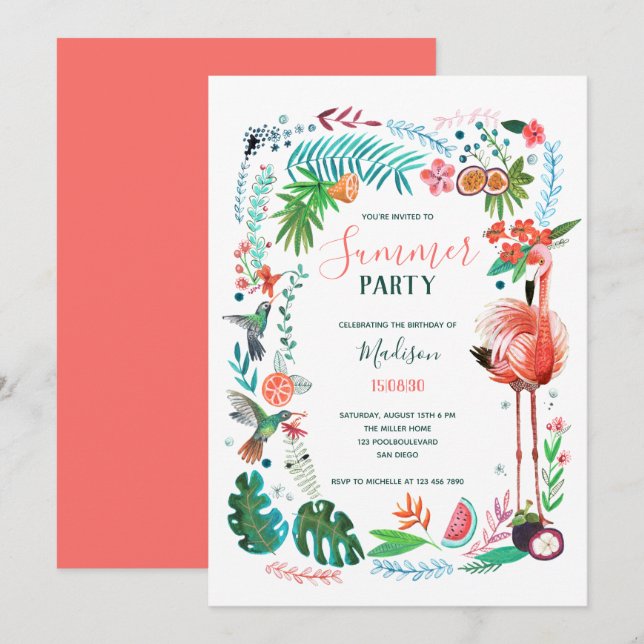Invitación de fiesta de verano floral tropical de  (Anverso / Reverso)