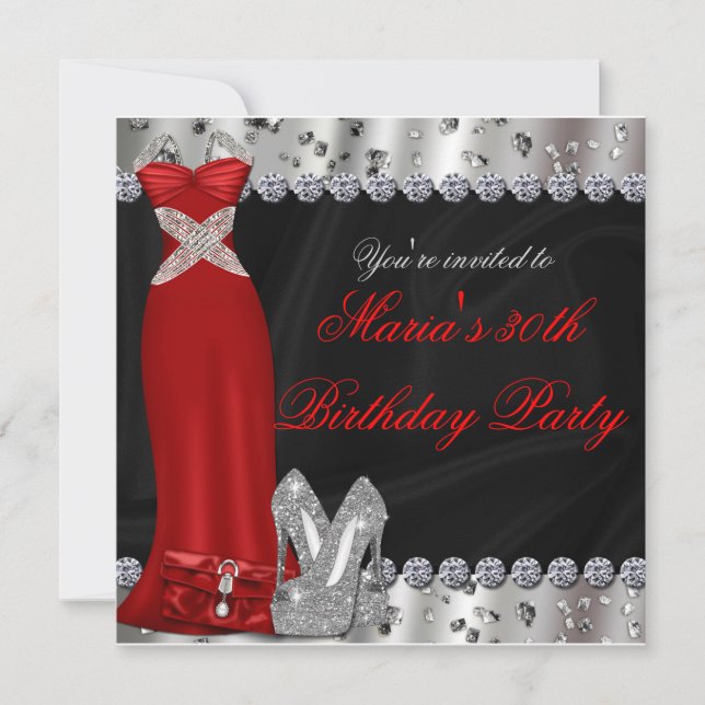 Invitación de fiesta de vestido rojo plateado form (Anverso)