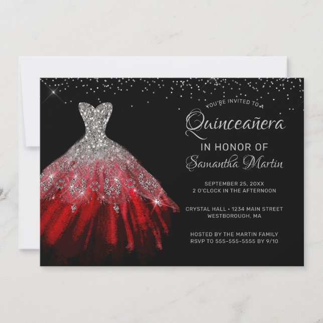 Invitación de fiesta de vestir de plata roja de la (Anverso)