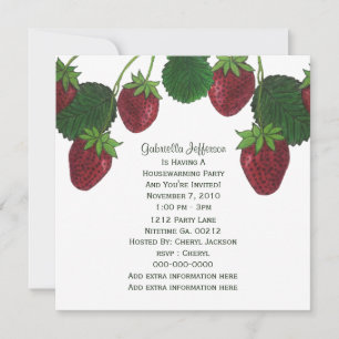 Invitación de fiesta de vid de fresa y gingham