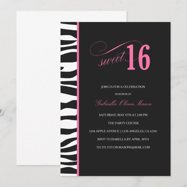 Invitación de fiesta de zebra Print Sweet 16 (Anverso / Reverso)
