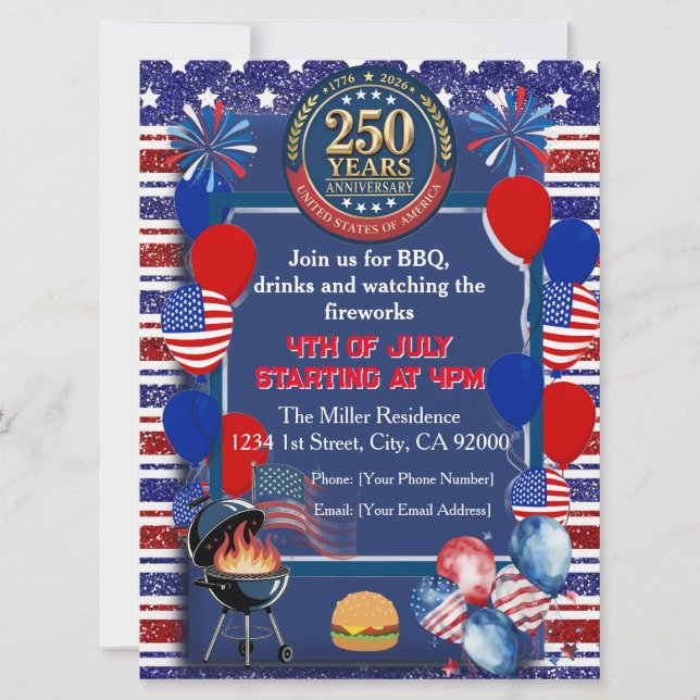 Invitación de Fiesta del 250 Aniversario de Améric (Anverso)