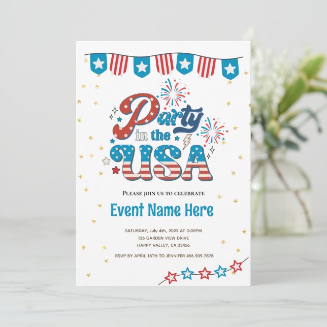 Invitación de fiesta del 4 de julio en EE. UU. con (Anverso de pie)