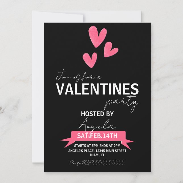 Invitación de fiesta del día de San Valentín rosa  (Anverso)