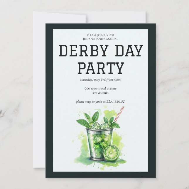 Invitación de fiesta del día del Derby Mint Julep  (Anverso)