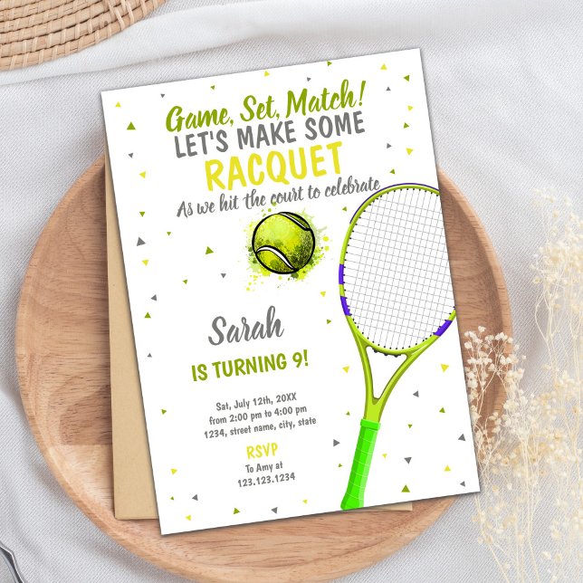 Invitación de Fiesta deportivo editable para niños (Gray Light Green Tennis Birthday Invitations)