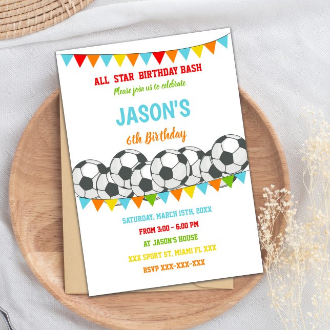 Invitación de Fiesta deportivo infantil editable (Rainbow Flags Soccer Birthday Invitations)
