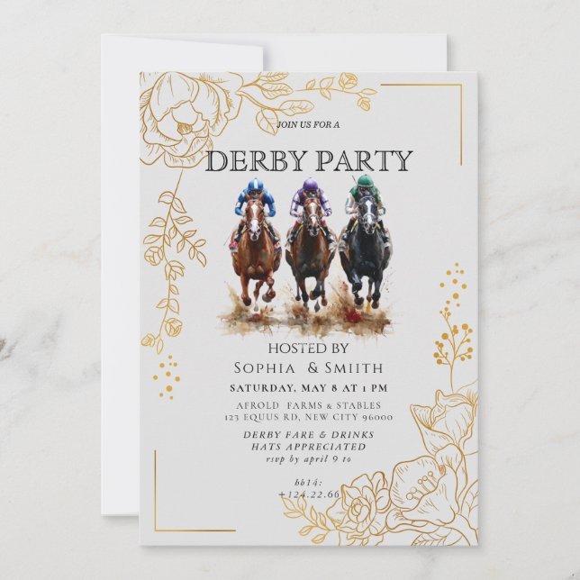 Invitación de fiesta Derby Triple Caballo Floral D (Anverso)
