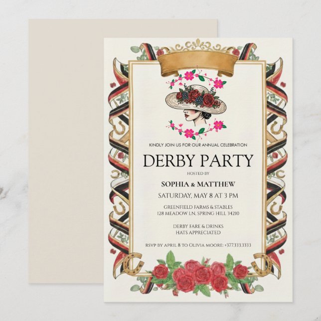 Invitación de fiesta Derby Vintage Floral Caballo (Anverso / Reverso)