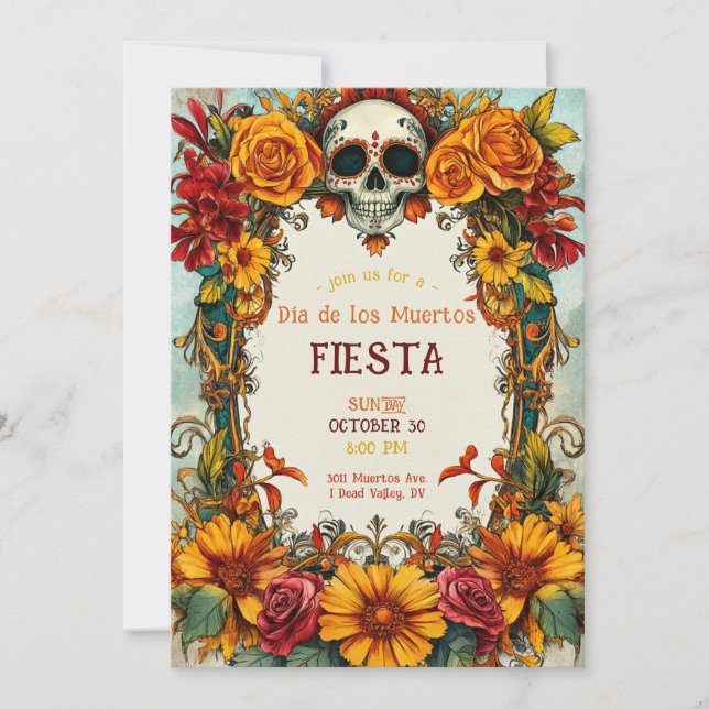 Invitación de fiesta Día de Muertos de Rosas 💀 (Anverso)
