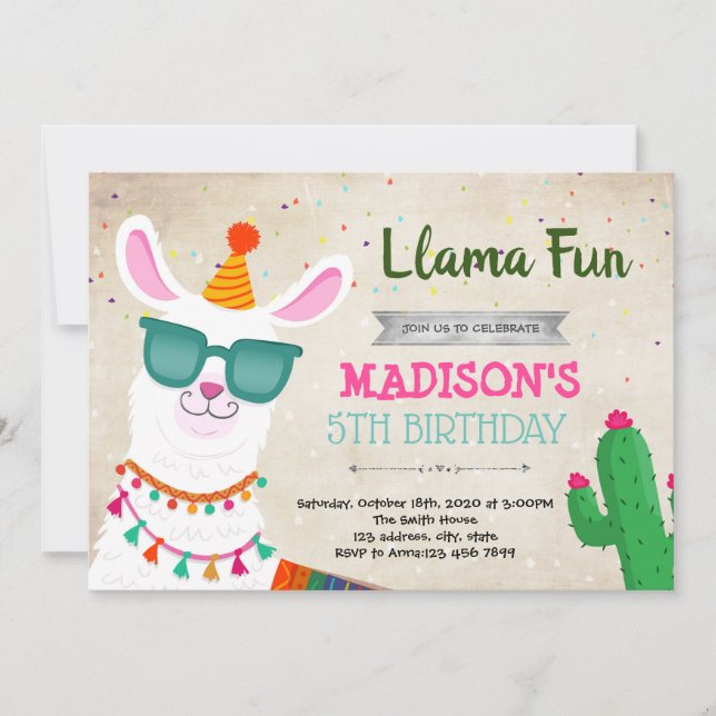 Invitación de fiesta divertida de llama genial (Anverso)