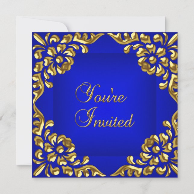 Invitación de fiesta dorada azul real para todas l (Anverso)