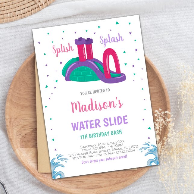 Invitación de Fiesta editable en verano para Chica (Purple Pink Water Slide Birthday Invitations)