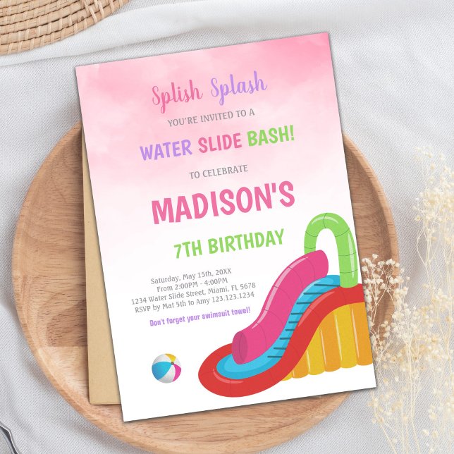 Invitación de Fiesta editable en verano para Chica (Pink Water Slide Birthday Invitations)