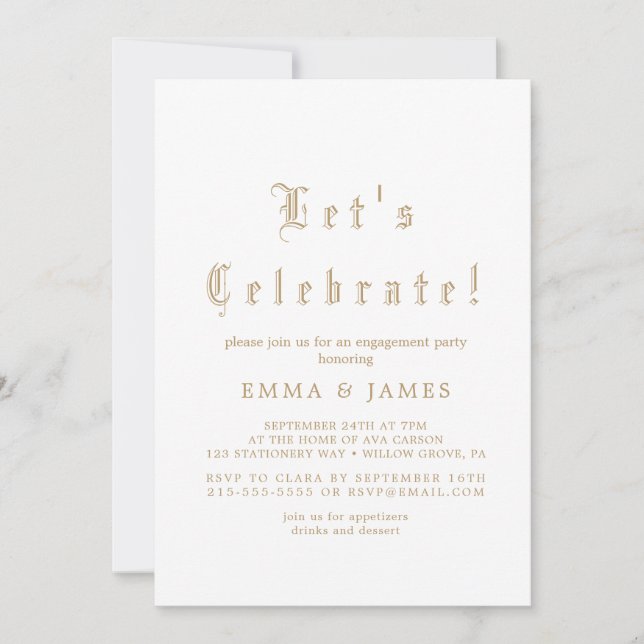 Invitación de fiesta elegante con caligrafía dorad (Anverso)