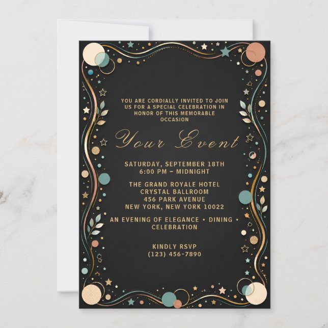 Invitación de fiesta elegante de oro negro (Anverso)