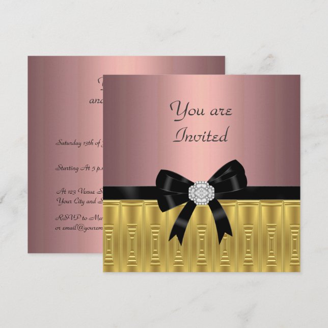 Invitación de fiesta elegante de oro rosa (Anverso / Reverso)