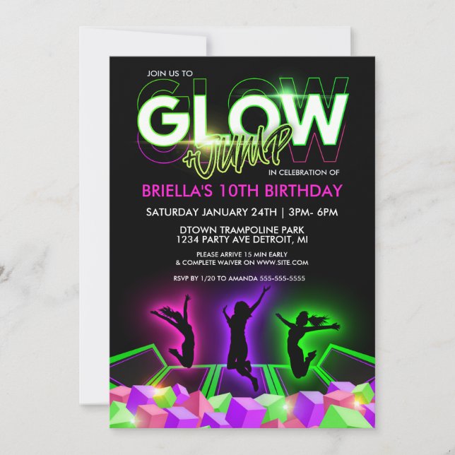 Invitación de fiesta en Girls Glow Trampoline Park (Anverso)
