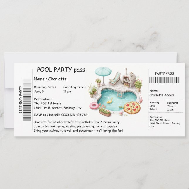 Invitación de fiesta en la piscina estilo boleto – (Anverso)
