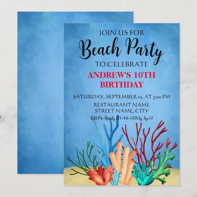 Invitación de fiesta en la playa de corales marino (Anverso / Reverso)