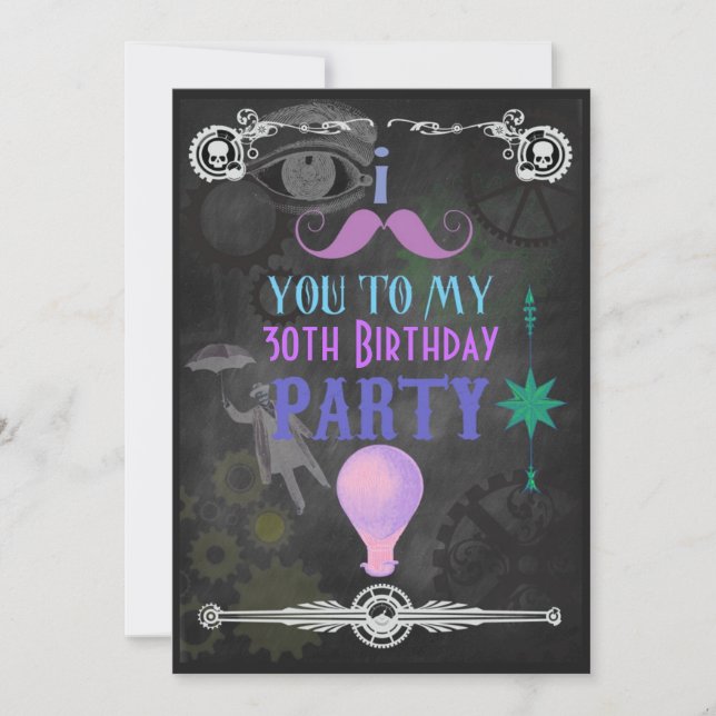 Invitación de fiesta en pizarra Steampunk para cua (Anverso)