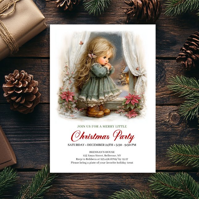 Invitación de fiesta estacional Niña linda Escena  (Seasonal Party Invitation Cute Girl Winter Scene Art)