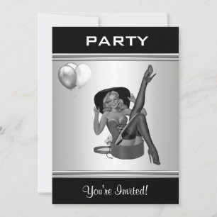 Invitación de fiesta estilo chica pin-up negro y b