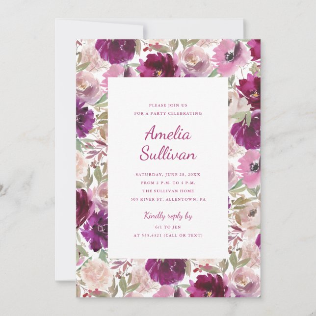 Invitación de fiesta floral acuarela (Anverso)