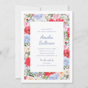 Invitación de fiesta floral de acuarela azul y roj