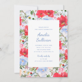 Invitación de fiesta floral de acuarela azul y roj