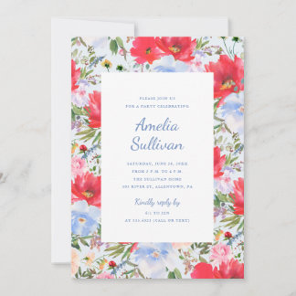 Invitación de fiesta floral de acuarela azul y roj