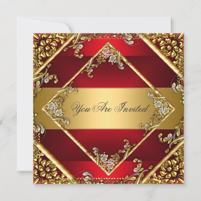Invitación de fiesta floral dorada roja (Anverso)