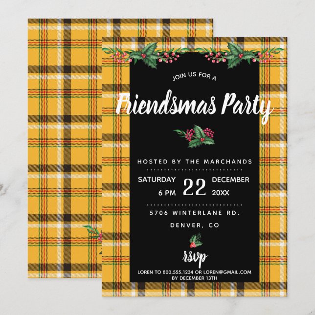 Invitación de fiesta Friendsmas de cuadros escoces (Anverso / Reverso)