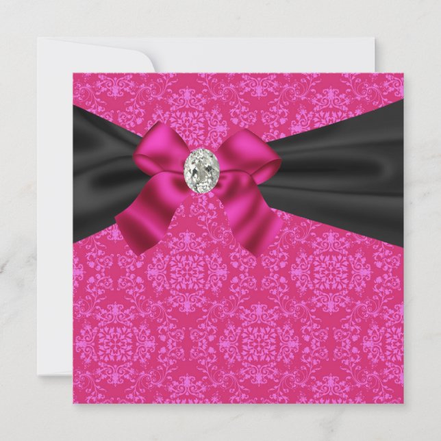 Invitación de fiesta Fuchsia Rosa Negro Damask (Anverso)