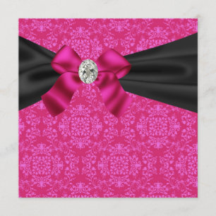 Invitación de fiesta Fuchsia Rosa Negro Damask