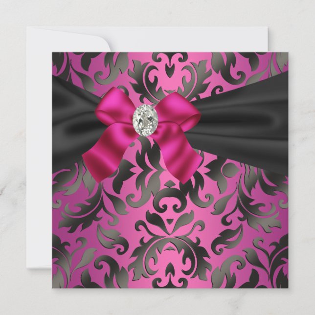 Invitación de fiesta Fuchsia Rosa Negro Damask (Anverso)
