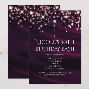 Invitación de fiesta glamurosa de seda púrpura y b