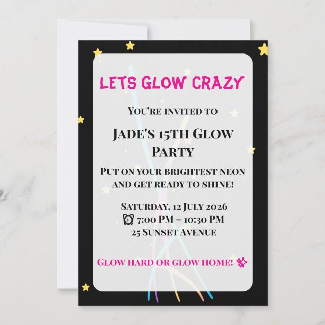Invitación de fiesta Glow | Fiesta para adolescent (Anverso)
