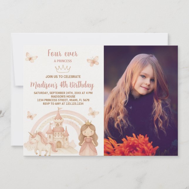 Invitación de Fiesta Gold Castle y Unicorn con fot (Anverso)
