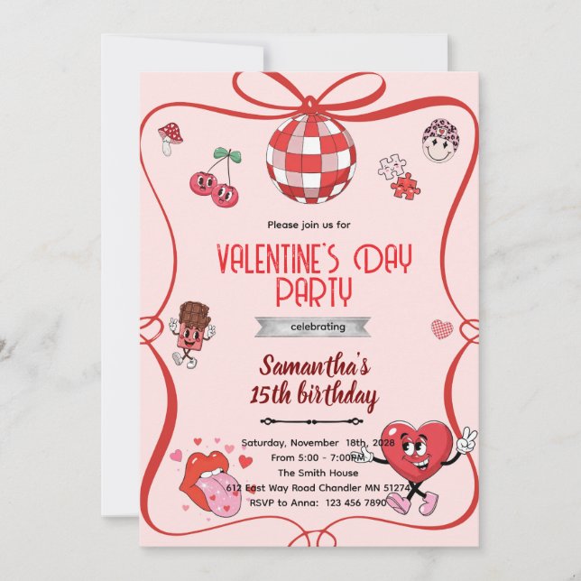 invitación de fiesta groovy día de San Valentín  (Anverso)