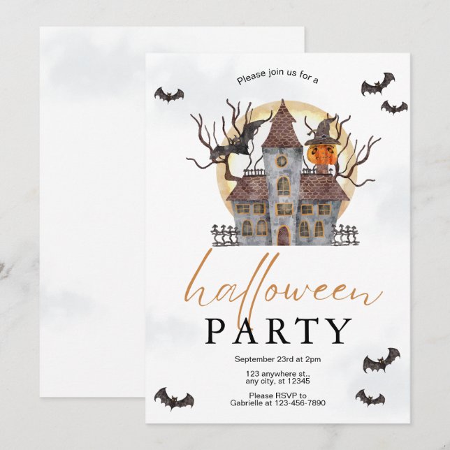 Invitación de fiesta Halloween de acuarela simple (Anverso / Reverso)