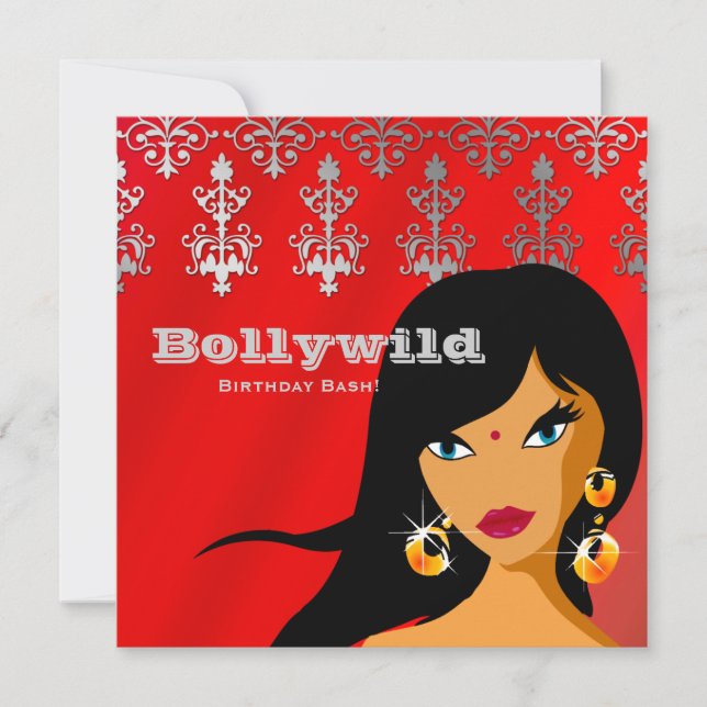 Invitación de fiesta india con Bindi plateado rojo (Anverso)