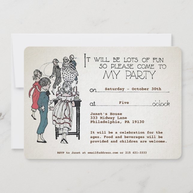 Invitación de fiesta infantil retro personalizable (Anverso)