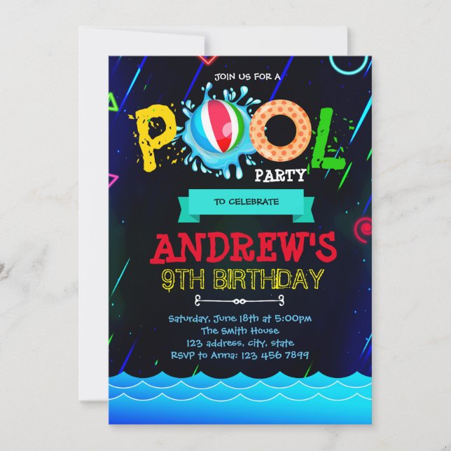 invitación de fiesta junto a la piscina con brillo (Anverso)