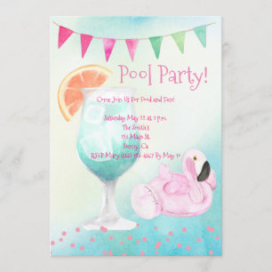 Invitación de fiesta junto a la piscina con flamen