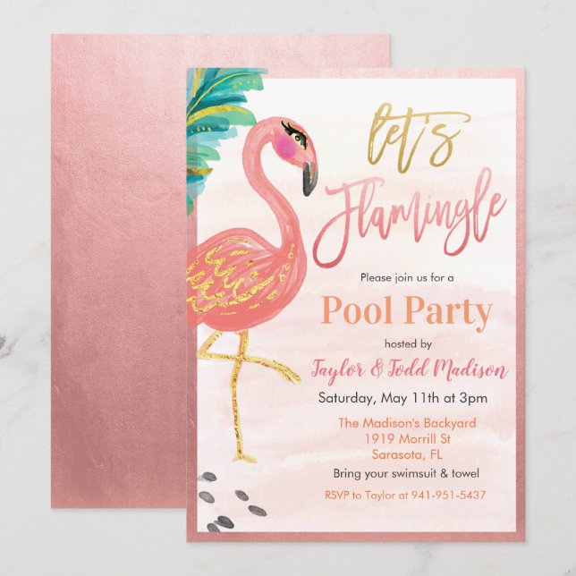 Invitación de fiesta junto a la piscina con flamen (Anverso / Reverso)