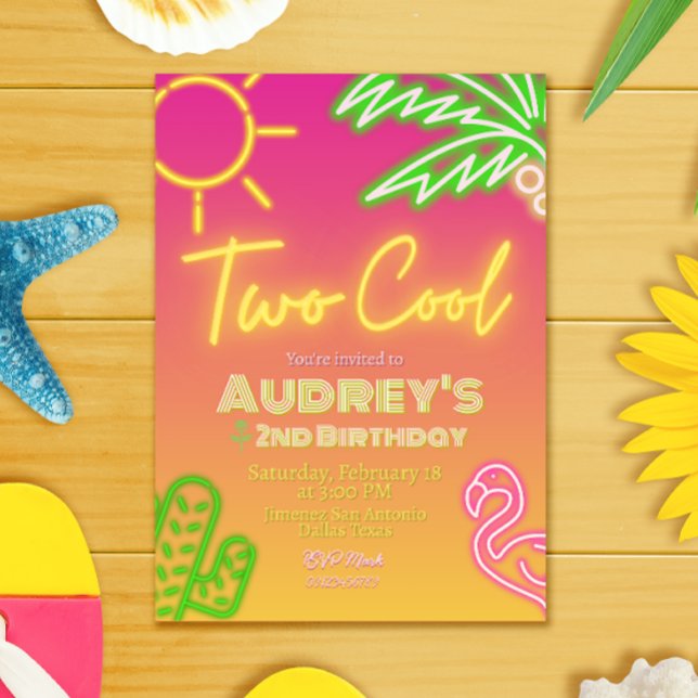 Invitación de fiesta junto a la piscina con luces  (Two Cool Tropical Pink Neon Pool Party Invitation)