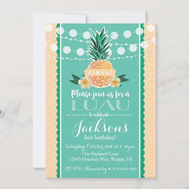 Invitación de fiesta Luau para cumpleaños, baby sh (Anverso)
