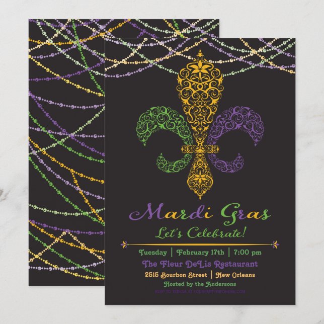 Invitación de fiesta Mardi Gras Fleur DeLis en neg (Anverso / Reverso)